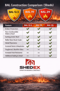 Home 2 BAL Construction Comparison chart for sheds showing ember protection, non-combustible walls, sarking and other fire requirements at BAL 12.5, BAL 19 and BAL 29, Shedex Fleurieu SA