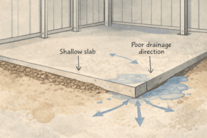 Home 10 Diagram illustrating problems with cheap shed slabs showing shallow slab and poor drainage direction with water pooling, Shedex Fleurieu blog educational content