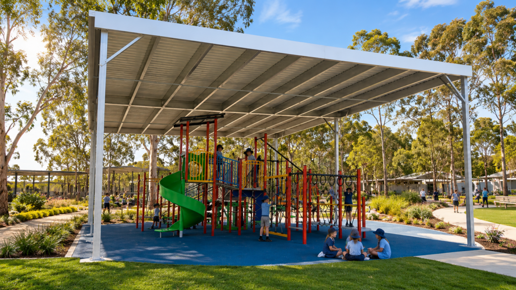 Children playing under a covered outdoor learning structure built by Shedex Fleurieu, Fleurieu Peninsula