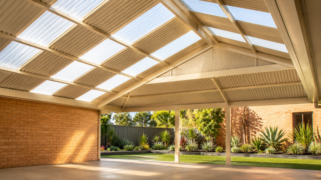 Dutch gable patio verandah with feature exposed timber rafters and stone feature wall, custom build by Shedex Fleurieu SA