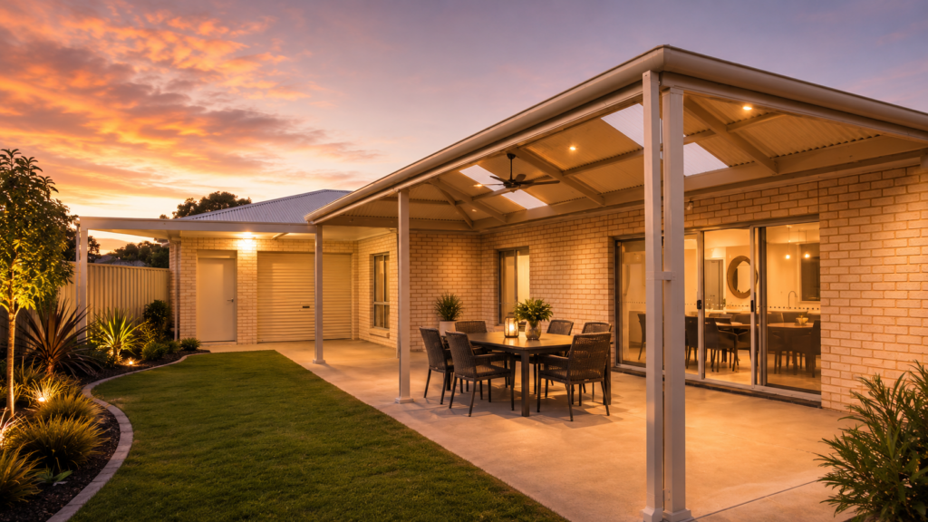 Elegant Dutch gable verandah with feature ceiling and garden views, custom patio design by Shedex Fleurieu