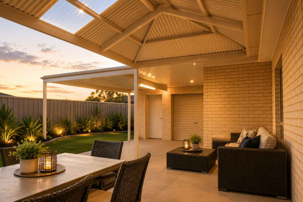 Dutch gable patio verandah with timber-look ceiling and outdoor entertaining area at Victor Harbor home, by Shedex Fleurieu