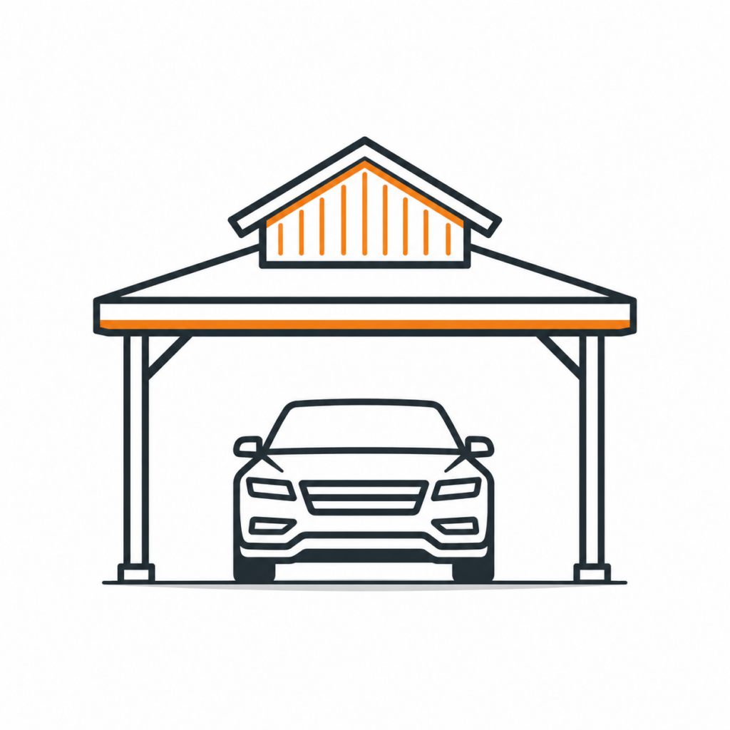 Icon line drawing of a Dutch gable carport with car parked underneath, carport style available from Shedex Fleurieu SA on the Fleurieu Peninsula