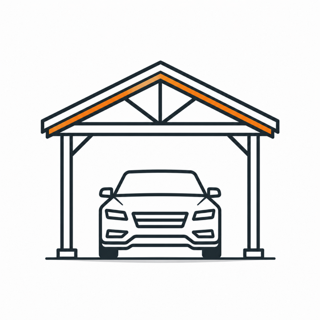 Icon line drawing of a gable carport with car parked underneath, single gable carport style available from Shedex Fleurieu SA