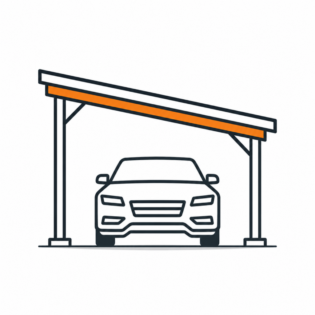 Icon line drawing of a flat skillion carport with car parked underneath, skillion carport style available from Shedex Fleurieu SA