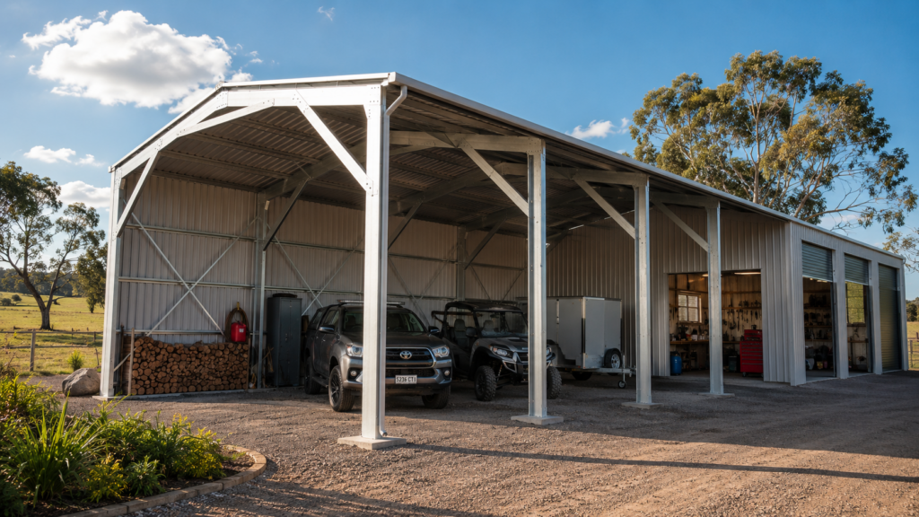 Open bay rural shed with wide span roof design by Shedex Fleurieu, ideal for farm machinery and livestock