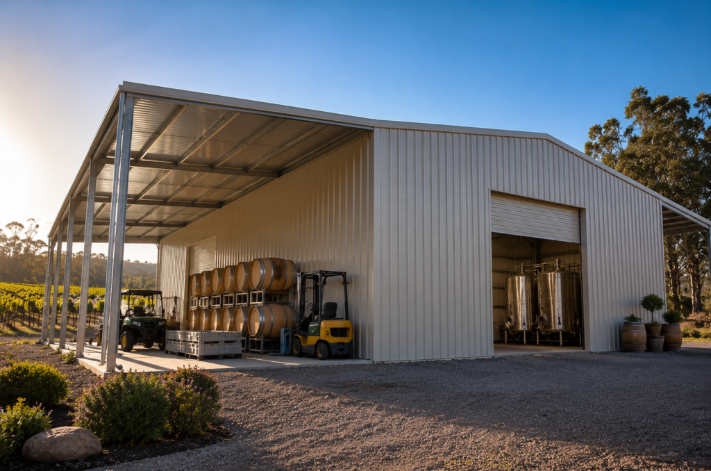 Large colorbond processing shed at a Fleurieu Peninsula winery with wine barrels and forklift, built by Shedex