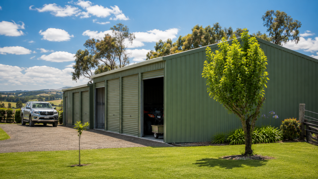 Colorbond rural garage shed with roller doors built by Shedex Fleurieu for South Australian properties