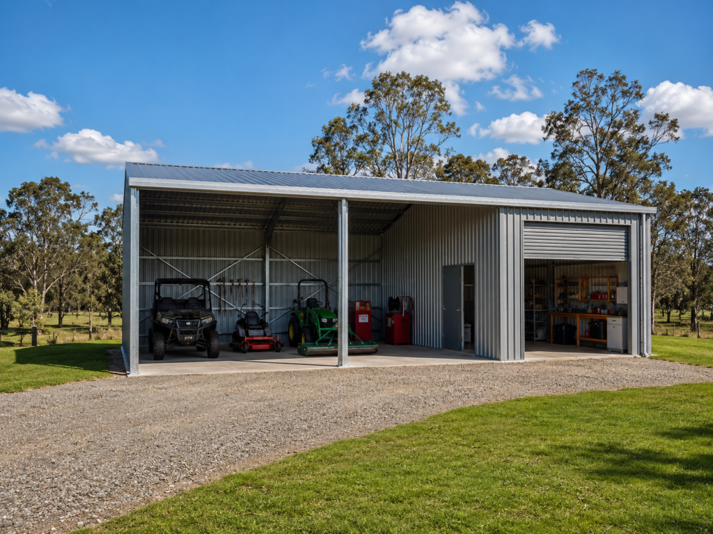Gable roof rural shed with open bays storing quad bikes and farm machinery, colorbond steel shed by Shedex Fleurieu