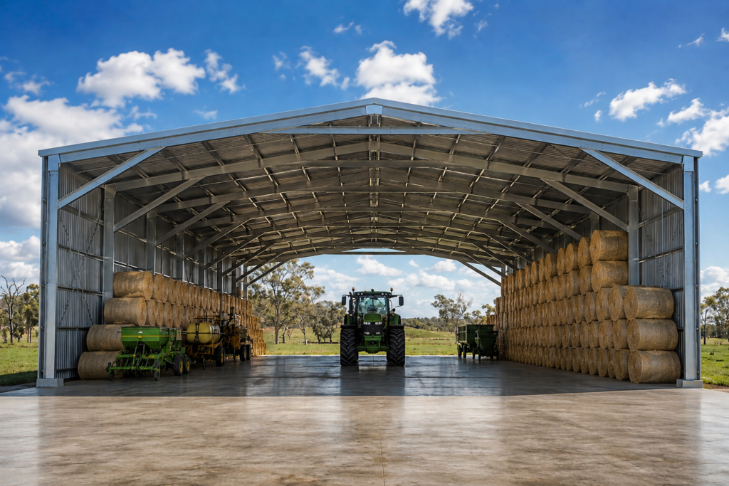 Interior of large rural hay storage shed filled with round hay bales and John Deere tractor, wide span steel shed by Shedex Fleurieu