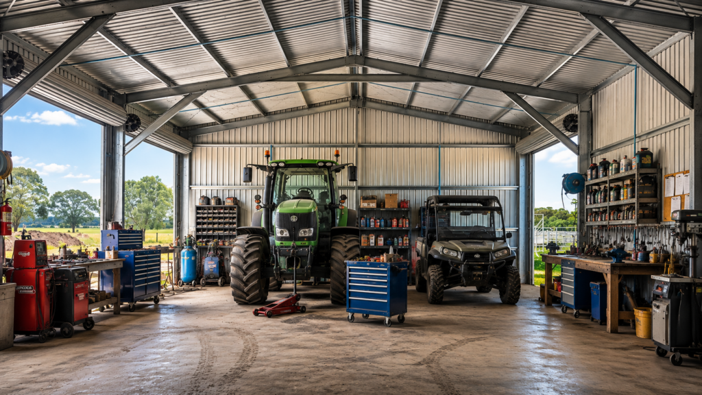 Steel rural workshop shed with large roller door entry, built by Shedex Fleurieu for South Australian rural properties