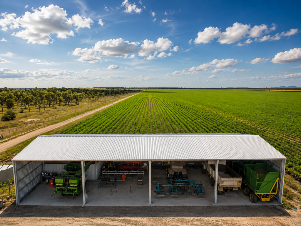 Aerial view of open bay rural machinery shed beside large crop farmland, wide span colorbond shed by Shedex Fleurieu SA