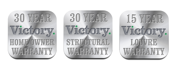 Victory warranty badges showing 30 Year Home Owner Warranty, 30 Year Structural Warranty and 15 Year Louvre Warranty, available on patios and pergolas from Shedex Fleurieu SA