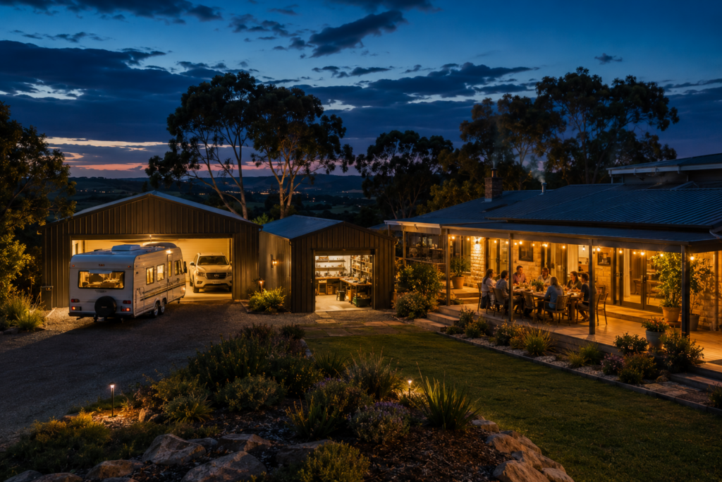 Fleurieu Peninsula property at dusk showing how homeowners improve, not move, with a caravan, shed and outdoor entertaining area