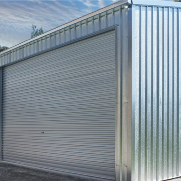 Silver Shed with roller door